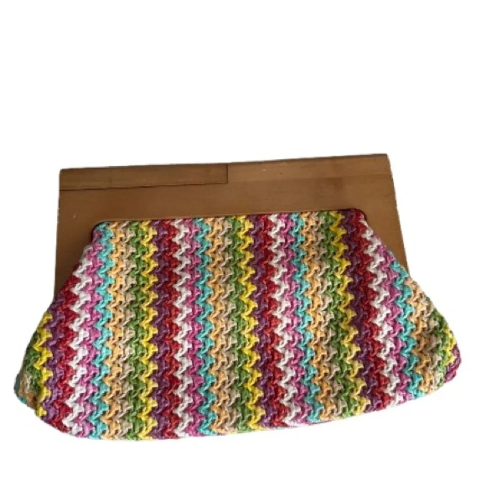 Expressions NYC Rainbow Woven Wood Frame Clutch Boho Resort